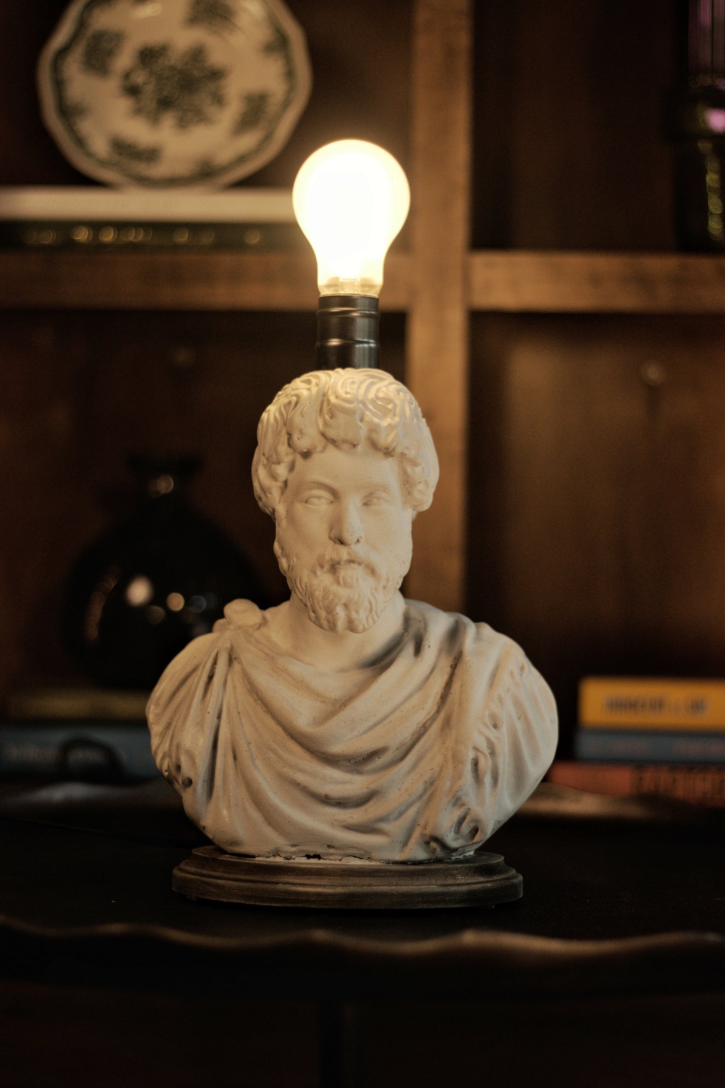 Marcus Aurelius Bust Lamp — Dark Academia Desk Lamp, Stoic Philosopher Decor, Handmade Gypsum Sculpture